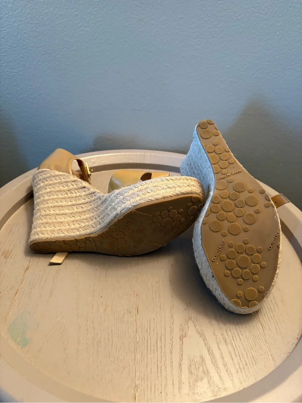 Jimmy Choo Yellow Patent Espadrille Wedge Sandals with Ankle Buckle